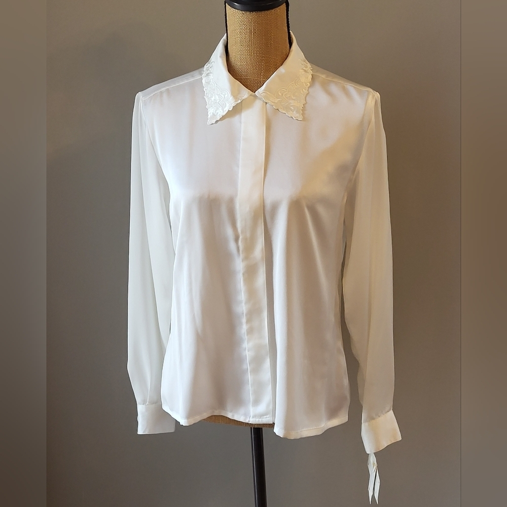 Susan Bristol Vintage 80s NWT White Button-up Blouse 8 Petite